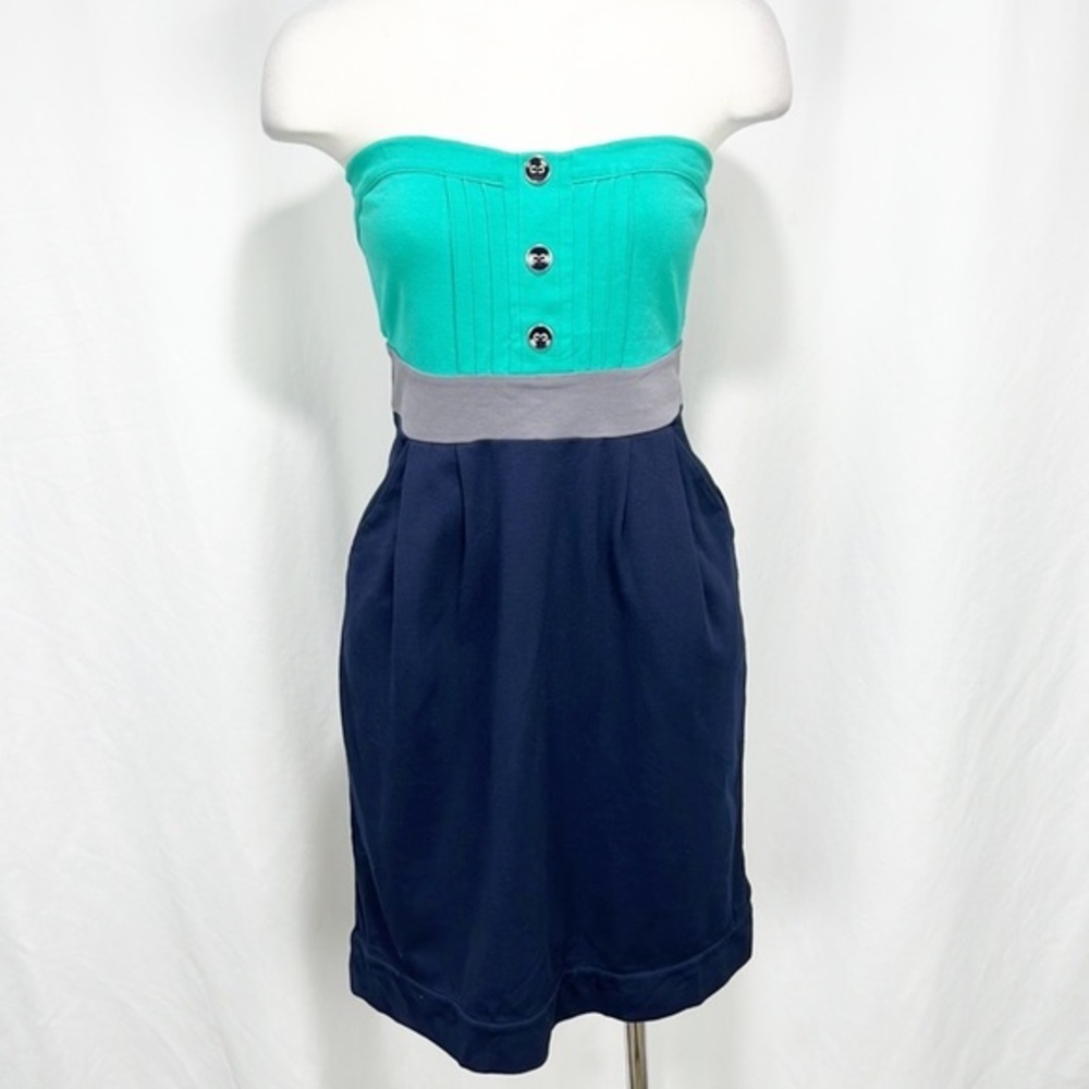 Ric Rac Anthropologie Color Block Dress Teal Navy Strapless Size Small